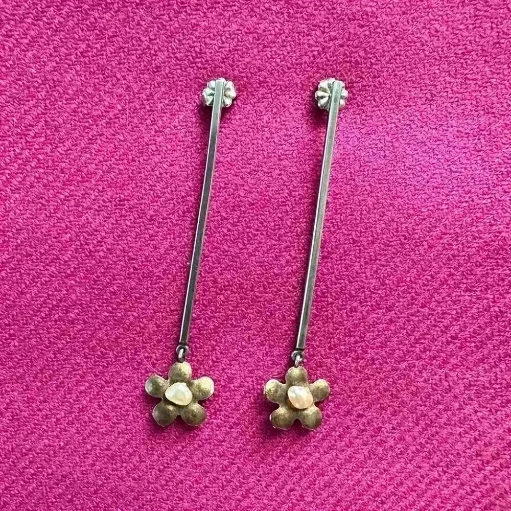 Jamie Cassavoy Long Silver with Gold & Pearl Daisies Earrings